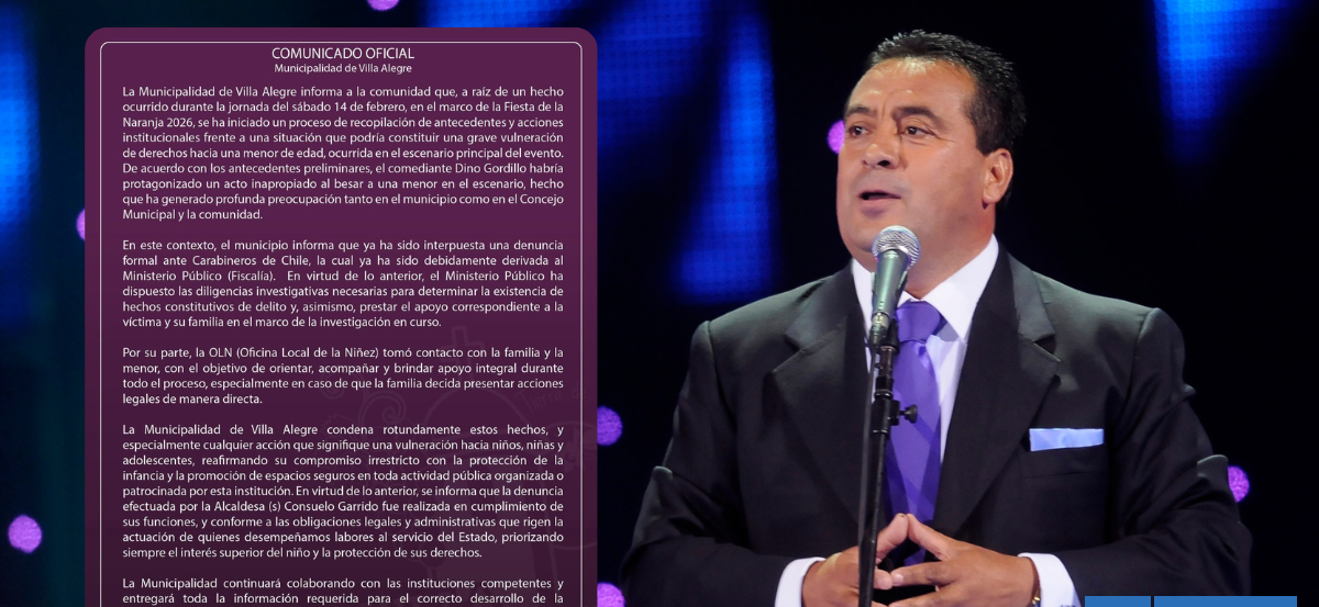 Municipio de Villa Alegre confirma denuncia contra Dino Gordillo por beso a menor de edad en festival