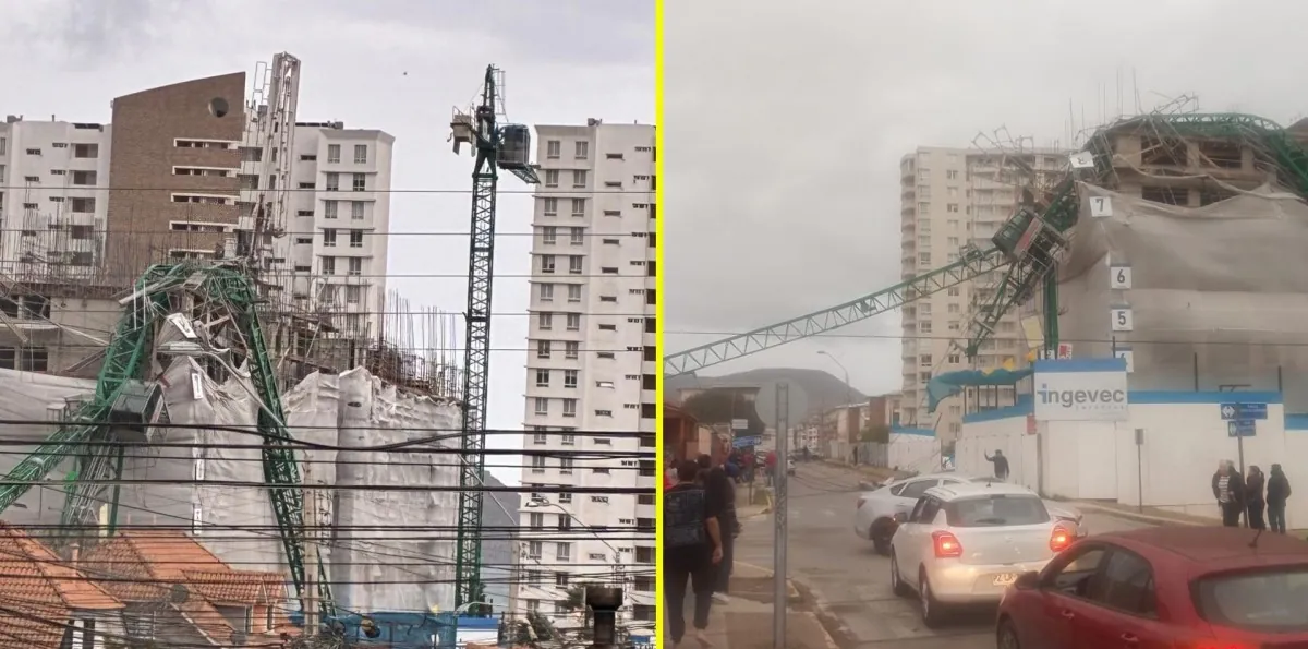 Videos captan cómo grúa colapsa por fuerte viento en Coquimbo: Cayó sobre viviendas y vehículos, dejando un herido