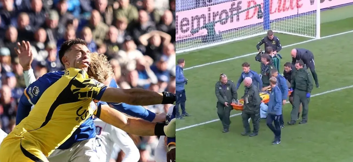 Dibu Martínez tuvo que salir en camilla de la cancha tras recibir impactante golpe