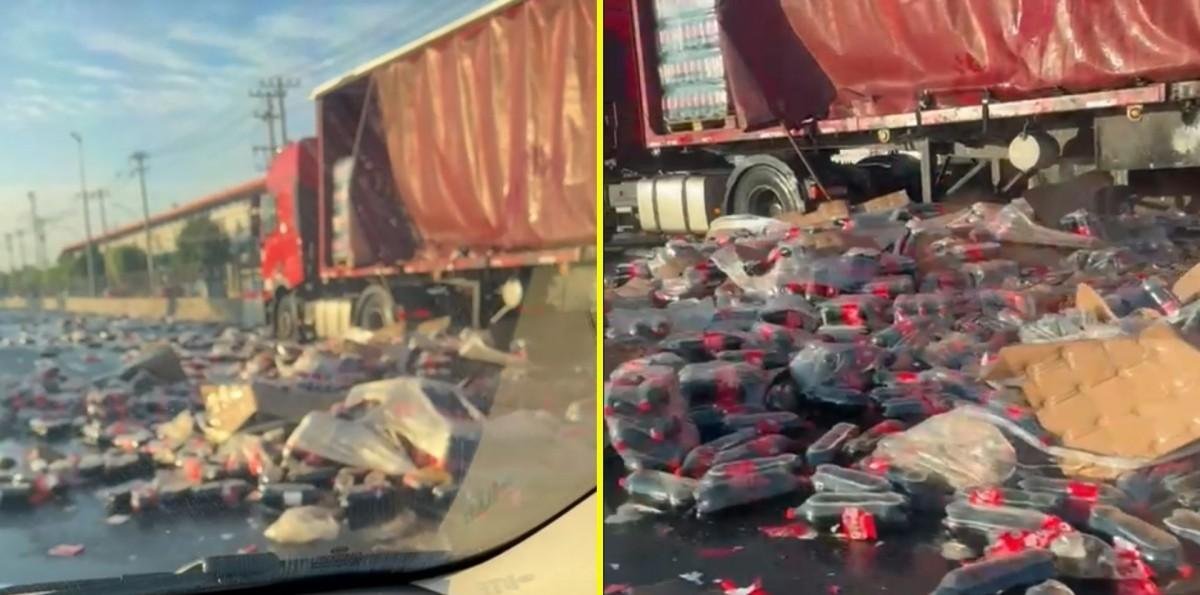 Autopista Central se mantiene cortada a la altura del Nudo Quilicura: Camión de bebidas perdió su carga en la ruta