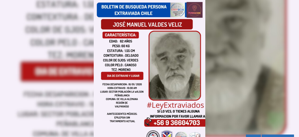Continúa búsqueda de hombre extraviado hace 12 días en Villa Alemana